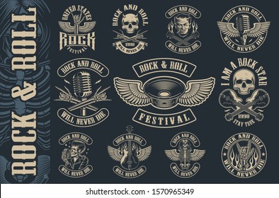 Big set of vintage rock and roll emblems on dark background. Perfect for the shirt designs and many other. Text is on the separate group.

