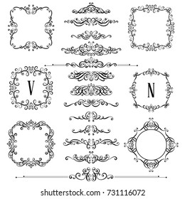 Big set of vintage styled calligraphic frames and flourishes, complex and exquisite decoration for invitation or greeting card.