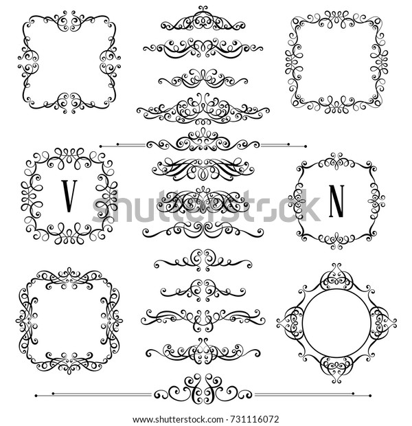 Big set of vintage styled calligraphic frames and\
flourishes, complex and exquisite decoration for invitation or\
greeting card.