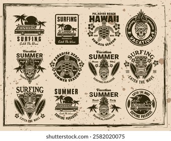 Big set of vintage surfing and summer vacation emblems with tropical beach, waves, surfboards, palm trees, and sunsets. Perfect for t-shirts, and retro style designs