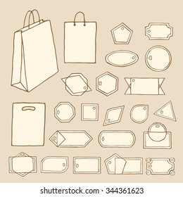 Big set of vintage vector tags, frames, labels, shopping bags. Fully editable sale retro set. Hand drawn, pen and ink. Design element for flyer, banner, advertisement, promotion