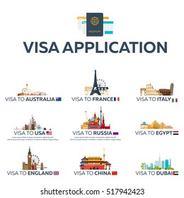 Visa grande para o país. Austrália, França, Itália, EUA, Rússia, Egito, Inglaterra, China, Dubai. Documento para viagem. Ilustração plana vetorial