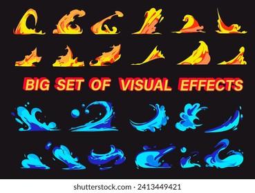 Big set of visual vector cartoon effects of splash of liquid or smoke and fire, perfect for animation design, illustration, carton, anime, CG game art, tactical design, etc.