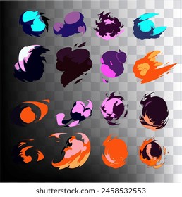 Big set of visual vector cartoon effects of smoke and fire blast, perfect for animation design, illustration, carton, anime, CG game art, tactical design, etc.