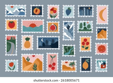 Big set of vivid cartoon postage stamp with picturesque travelling scenery, tropic fruits, flowers. Hand drawn postage sticker collection with seascape panorama, desert, mountains, jungle, driveway.