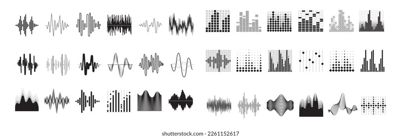 Gran conjunto de formas de onda de línea de voz, nivel de volumen, forma de onda de línea simbólica de nivel de volumen, señal de radio electrónica, icono de señal de radio electrónica