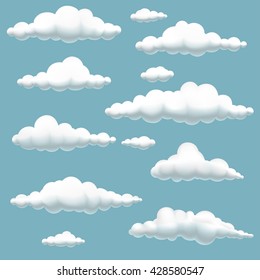 Big set of volumetric cartoon clouds on blue background,vector illustration of clouds in blue sky