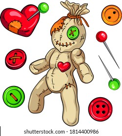 Big set of voodoo doll, heart shaped pincushion, additional pins and buttons. Vector illustrations for your Halloween, horror party and other creepy designs, party invitations, cards, posters, etc.