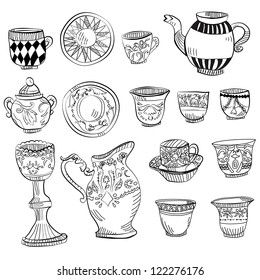 The big set of ware in the Victorian style for tea drink drawn  a contour line