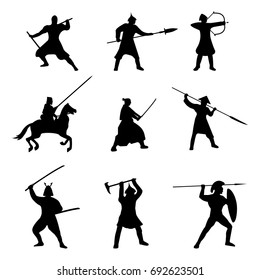 The Big Set of Warriors Silhouette on white background. Isolated Vector illustration.
