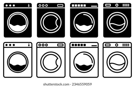 Big set of washing machine icons. Home appliances symbols. Vector illustration isolated on white background
