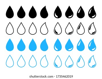 Big set of water drop icons. Black and blue water drop. Vector illustration.