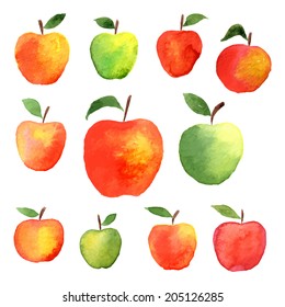 big set of watercolor apple - illustration on the theme of the summer and autumn - farm, fruit, natural. Green, yellow, red sweet and tasty apple. Hand drawn.