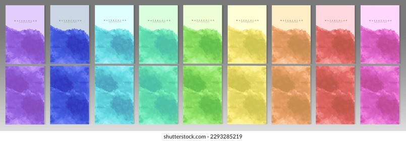 Big set of watercolor covers. Colorful painting, bright brush strokes, color scale on pastel background. 