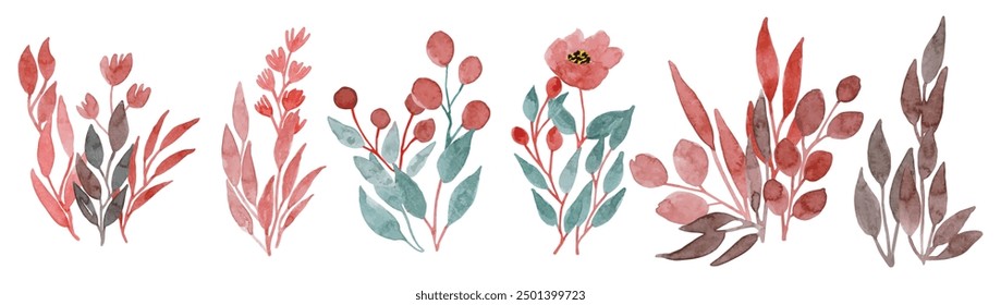Big Set watercolor elements. floral illustration for Wedding concept, Flower and green leaves, leaf, dry plants, floral leaves, green branches collection, wedding, invitations, 