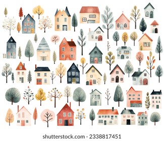 Big set of watercolor scandinavian houses. Cute childish buildings and trees isolated. Trendy european houses background