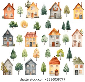 Big set of watercolor scandinavian houses and trees. Cute childish buildings isolated. Trendy scandi vector elements