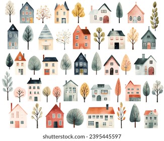 Big set of watercolor scandinavian trees and houses. Cute childish buildings isolated. Trendy scandi vector background