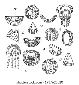 Big set with watermelon slice, seeds, bitten piece, jellyfish isolated on white background. Pieces of watermelon collection in doodle style for your design. Vector illustration.