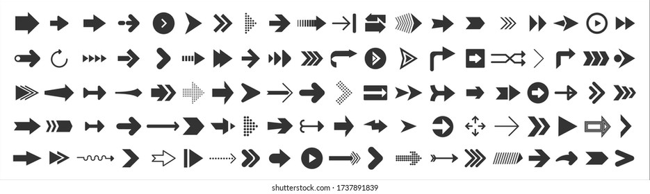 Big set of web Arrows. 100 black arrow icons isolated on white. Cursor vector illustration.