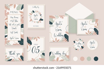 Big set for wedding decor. Wedding day template. Menu, invitation card, table with table numbering. Emblems, labels and envelope. Vector hand drawn. Tropical leaves set.