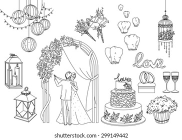 Big set of wedding decorative elements and attributes in sketch.
