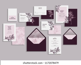 Big set of wedding invitation card. RSVP, Thank you, save the date and menu card. Elegant modern design. Vector illustrations.