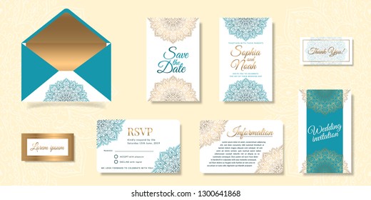 Big set of wedding invitation cards with envelope. Vector template for wedding invitation with gold mandals. Luxury gold backgrounds, artistic covers design. Luxury wedding invitation frame set. 