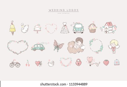 Big set of wedding logotype: hearts, car, frame, dress, car