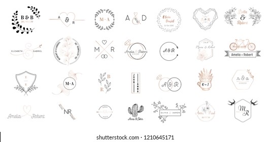 Big set of Wedding monogram logos collection, hand drawn modern minimalistic and floral templates for Invitation cards, Save the Date, elegant identity for restaurant, boutique, cafe in vector