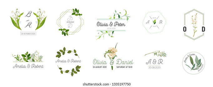 Big set of Wedding monogram logos collection, hand drawn watercolor rustic and floral templates for Invitation cards, Save the Date, elegant identity for restaurant, boutique, cafe in vector