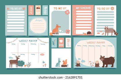 Big set of Weekly planner, tag, schedule and to do list with cute forest wild animals . Vector hand drawn illustration. A4 size printable template