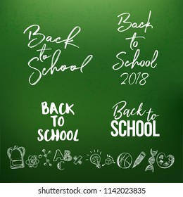 Big set of Welcome back to school labels isolated on green chalkboard. School Background. Education tag. Vector illustration. Typography, calligraphy badges.