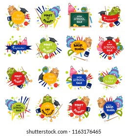 Big set of Welcome back to school labels. School Background. Sale tag. Vector illustration. Typography emblem. Back to school badge. Cool, modern trendy logo with school things. Vector set