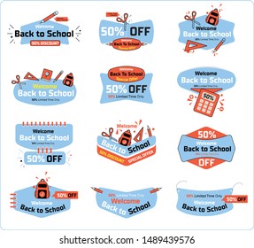 Großes Set von Willkommen zurück zu den Schullabels. Sale und Discount-Tag. Vektorgrafik. Schulsymbole. Typografiemblem