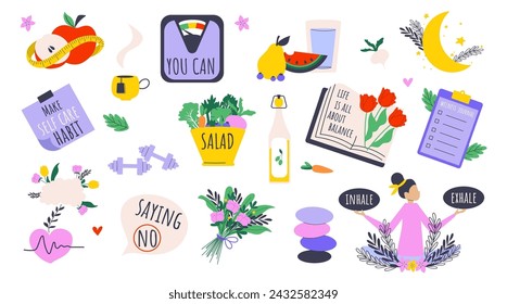 Big set of well being, mindfulness and healthy lifestyle concept. Vector illustration of vegetables, scales, flowers, checklist, heart brain connection. 