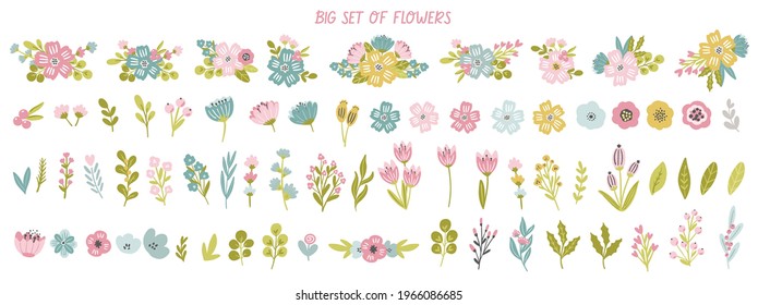 Big set of whimsical hand drawn clipart meadow flowers, flower bouquets, floral branches for fairytale baby and nursery cards, banners, stationery design. 