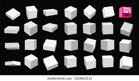 Big Set of white 3D cubes pack isolated on white background. Different light, perspective and angle. Vector illustration. Isolated on black background.