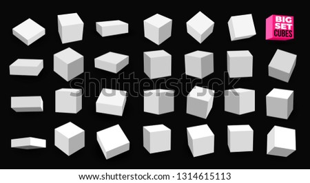 Big Set of white 3D cubes pack isolated on white background. Different light, perspective and angle. Vector illustration. Isolated on black background.