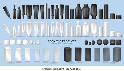 Big set with white and black skincare and treatment items - lotion, cream, shampoo, spray, oil, gel, mascara, sponges, powder puff, etc. 3d mockup of cosmetic bottles, jars, tubes, containers, boxes