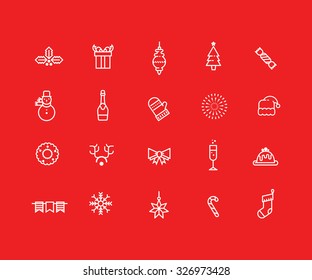Big set of white Christmas and New Year icons on red background. Linear, outlined, simple