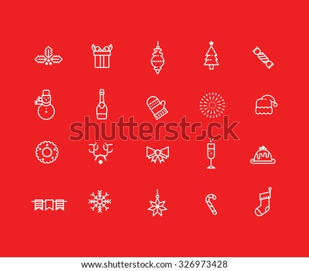 Big set of white Christmas and New Year icons on red background. Linear, outlined, simple