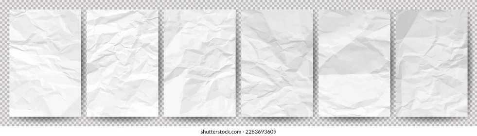 Big set of white clean crumpled papers on a transparent background. Crumpled empty notebook sheets of paper with shadow for posters and banners. Vector illustration