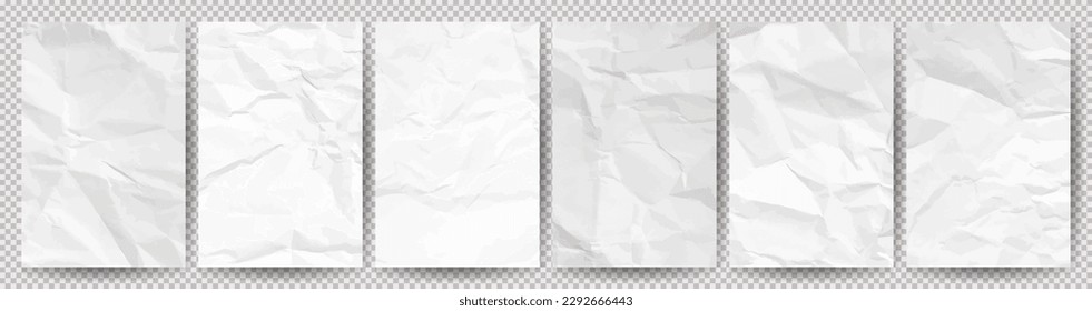 Big set of white clean crumpled papers on a transparent background. Crumpled empty notebook sheets of paper with shadow for posters and banners. Vector illustration