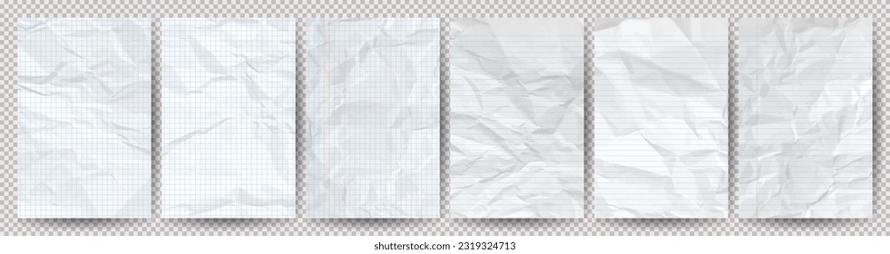 Big set of white clean crumpled papers on a transparent background. Crumpled empty notebook sheets of paper with shadow for posters and banners. Vector illustration - Shutterstock ID 2319324713