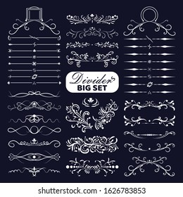 Big set of white decorative flourishes dividers on dark background. Vector Collection ornate page decor elements banners, frames, dividers, ornaments and patterns.