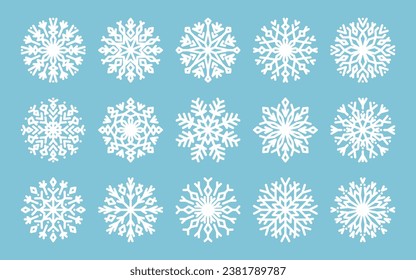 Big set of white geometric line snowflakes. Snowflake winter design, decor. Winter decorative elements of white Christmas cold flakes crystal, snow ornament for New Year's holidays. Xmas decoration.
