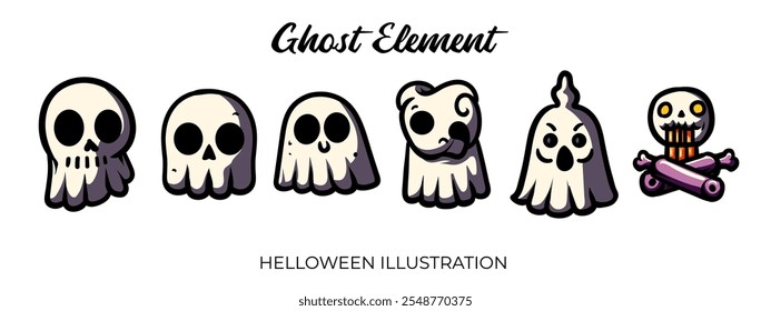 Gran conjunto de fantasma blanco para la ilustración de Halloween. Horror y elemento espeluznante. Ajuste para el Anuncio, cartel, símbolo, fondo, ropa, cubierta. Vector Eps 10.