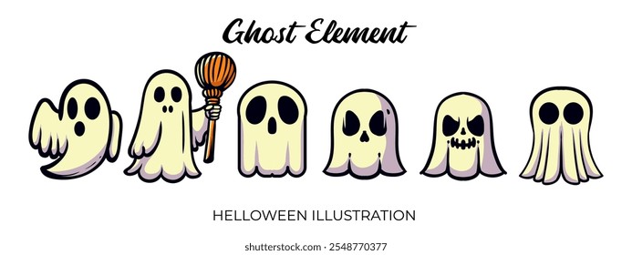 Gran conjunto de fantasma blanco para la ilustración de Halloween. Horror y elemento espeluznante. Ajuste para el Anuncio, cartel, símbolo, fondo, ropa, cubierta. Vector Eps 10.