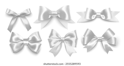 Big set of White gift bows with ribbons. Decorative red bow and white ribbon isolated on white Vector illustration